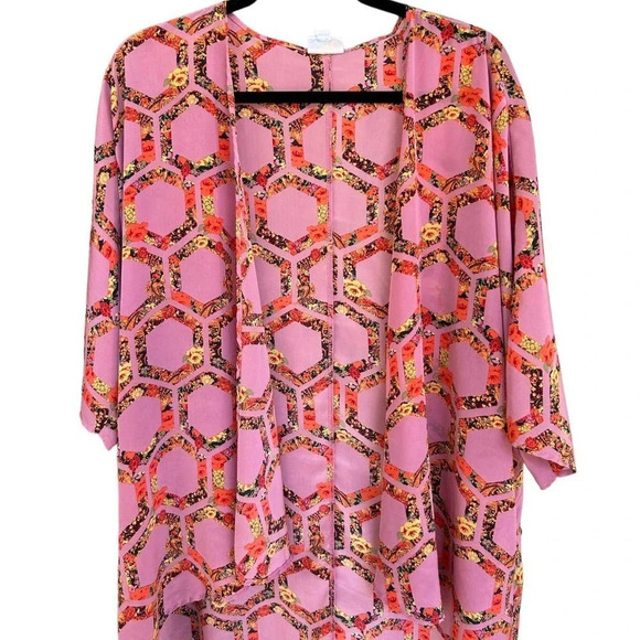 LulaRoe Pink Floral Geometric Kimono Duster Size Small Duster Swimsuit Coverup - Picture 2 of 7